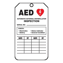 AccuformNMC™ 8 1/2" X 3 7/8" Black/Red/White RP-Plastic AED Status Tag "AED AUTOMATIC EXTERNAL DEFIBRILLATOR INSPECTION SERIAL NO.___.../DATE___BY___DAGE___BY___"