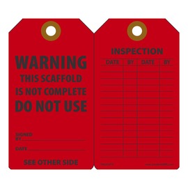 AccuformNMC™ 5 3/4" X 3 1/4" Black/Red RP-Plastic Scaffold Status Tag "WARNING THIS SCAFFOLD IS NOT COMPLETE DO NOT USE SIGNED BY___DATE___/INSPECTION DATE___BY___DAGE___BY___"