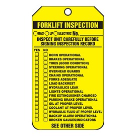 AccuformNMC™ 5 3/4" X 3 1/4" Black/Yellow PF-Cardstock Forklift Status Tag "FORKLIFT INSPECTION"