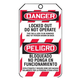 AccuformNMC™ 5 3/4" X 3 1/4" Black/Red/White PF-Cardstock Lockout/Tagout Tag "DANGER DO NOT OPERATE THIS TAG & LOCK TO BE REMOVED ONLY BY PERSON SHOWN ON BACK/DANGER EQUIPMENT LOCKED OUT BY___DATE:___ (Spanish Bilingual)"