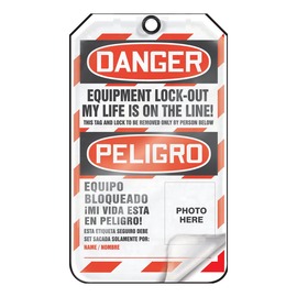 AccuformNMC™ 5 3/4" X 3 1/4" Black/Red/White RP-Plastic Lockout Tag "DANGER EQUIPMENT LOCK-OUT MY LIFE IS ON THE LINE! THIS TAG AND LOCK TO BE REMOVED ONLY BY PERSON BELOW (Photo)/DANGER EQUIPMENT LOCKED OUT BY___DATE:___ (Spanish Bilingual)"