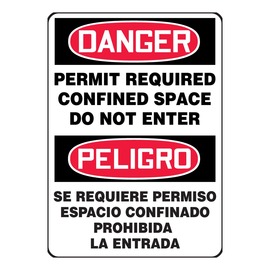 Accuform Signs® 14" X 10" Black/Red/White Aluminum Bilingual/Safety Sign "DANGER PERMIT REQUIRED CONFINED SPACE DO NOT ENTER"