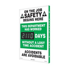 Accuform Signs® 28" X 20" Black/Green/White Aluminum DIGI-DAY® Safety Scoreboard "ON THE JOB SAFETY BEGINS HERE THIS DEPARTMENT HAS WORKED (LED DISPLAY) DAYS WITHOUT A LOST TIME ACCIDENT ACCIDENTS ARE AVOIDABLE"