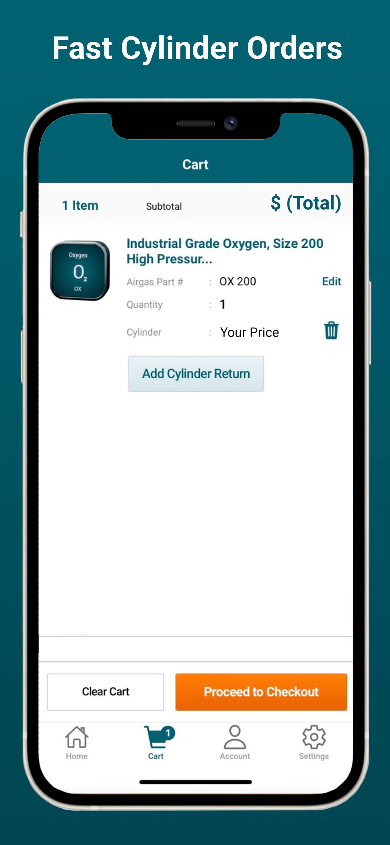 Tall teal rectangle mobile phone screenshot of the Airgas reorder app & reorder cylinders