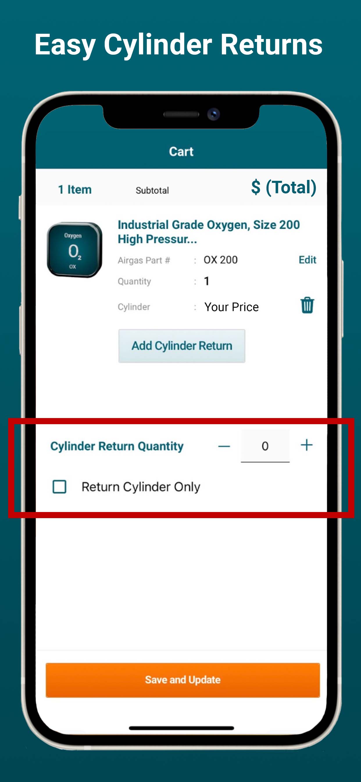Tall teal rectangle mobile phone screenshot of the Airgas reorder app & select cylinders to return.
