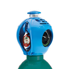 EXELTOP cylinder valve with built-in regulator, quick-connect system & on/off lever on white backing with light teal border.