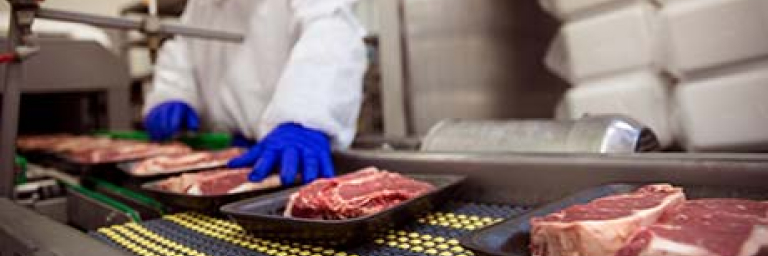 Steak Production Line Food industry professional monitors yet--to-be-wrapped steaks on a meat packaging line.