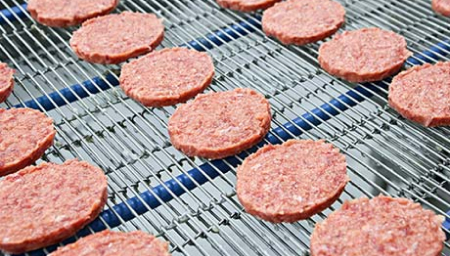 Multiple rows of meat patties on a food production line.