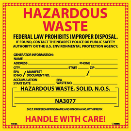 AccuformNMC™ 6" X 6" Black/Red/Yellow Adhesive Backed Vinyl (25 Per Pack) "HAZARDOUS WASTE FEDERAL LAW PROHIBITS IMPROPER DISPOSAL"