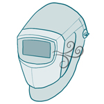 Illustrations of RS-900 welding helmet with air coming out of anti-fog vents on the side.