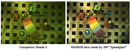 Comparison of competitor lens to RADNOR lens made by 3M Speedglas.