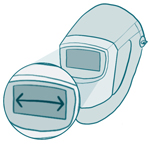Illustration of RS-900 welding helmet with an emphasis on how large lens is.