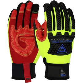 PIP® Large Black, Hi-Viz Yellow And Red R2™ Synthetic Leather And Spandex Full Finger Impact Resistant Gloves With Hook And Loop Cuff