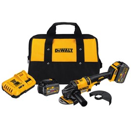 DEWALT Cordless Small Angle Grinder A DEWALT Cordless Small Angle Grinder, battery and carrying case over a solid white background.