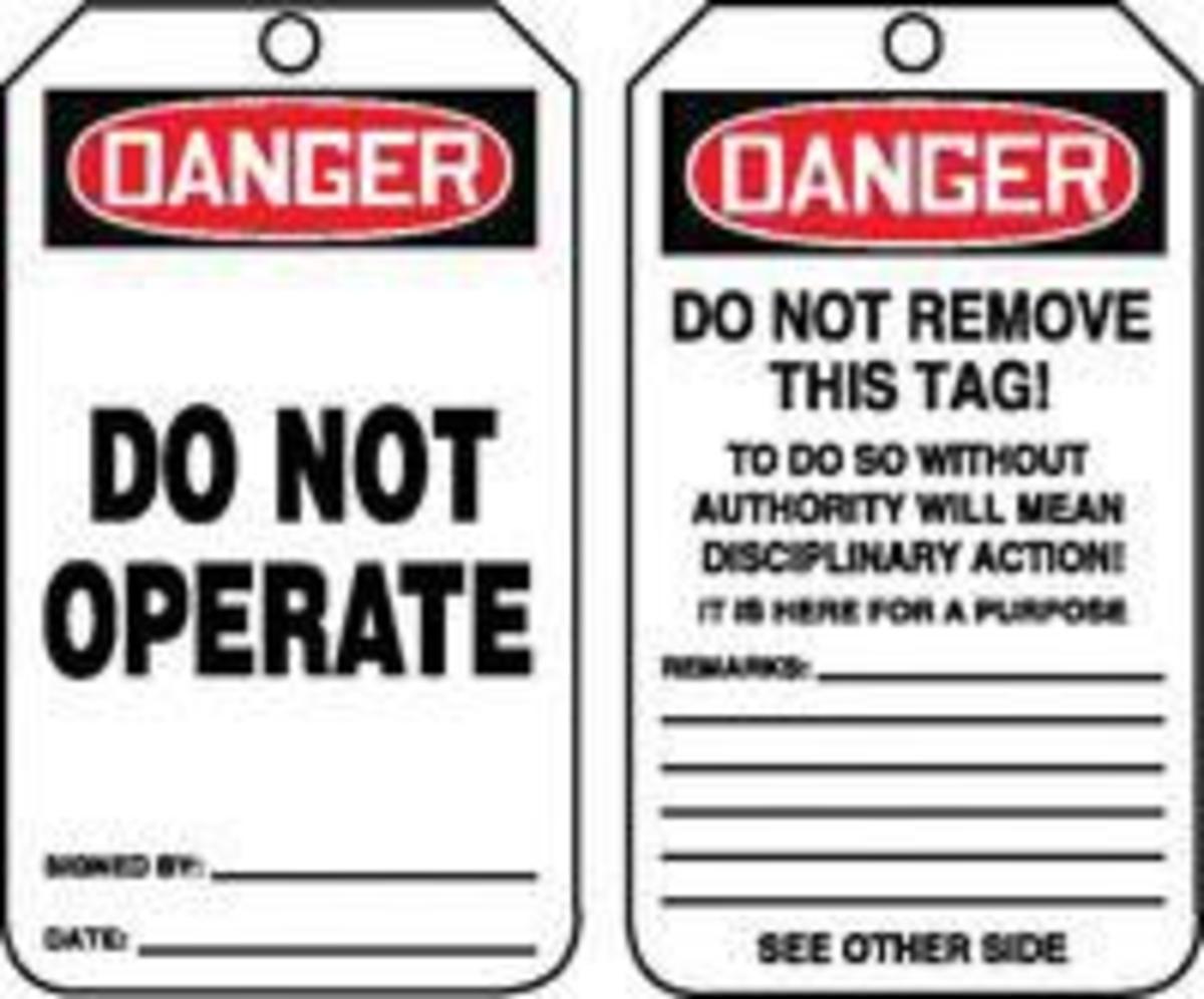 LegendDANGER DO NOT OPERATE THIS SWITCH Accuform MDT113LPM RP-Plastic Safety Tag LegendDANGER DO NOT OPERATE THIS SWITCH 5.75 Length x 3.25 Width x 0.015 Thickness 5.75 Length x 3.25 Width x 0.015 Thickness Red/Black on White Pack of 5 