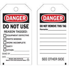 Brady® 5 3/4" X 3" Black/Red/White Rigid Paper Accident Prevention Tag (100 Per Pack) "DO NOT USE REASON TAGGED___*EQUIPMENT DEFECTIVE *PARTS MISSING *WORK INCOMPLETE *DIRTY *OTHER SIGNED BY___DATE___"