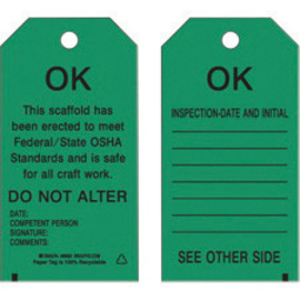 Brady® 5 3/4" X 3" Black/Green Rigid Polyester Tag (10 Per Pack) "THIS SCAFFOLD HAS BEEN ERECTED TO MEET FEDERAL/STATE OSHA STANDARDS AND IS SAFE FOR ALL CRAFT WORK.  DO NOT ALTER DATE___COMPETENT PERSON___SIGNATURE___COMMENTS___"