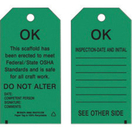 Brady® 5 3/4" X 3" Black/Green Rigid Paper Tag (100 Per Pack) "THIS SCAFFOLD HAS BEEN ERECTED TO MEET FEDERAL/STATE OSHA STANDARDS AND IS SAFE FOR ALL CRAFT WORK.  DO NOT ALTER DATE___COMPETENT PERSON___SIGNATURE___COMMENTS___"