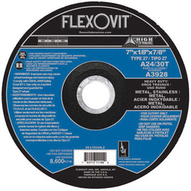 Flexovit® 4 1/2" X 1/8" X 7/8" HIGH PERFORMANCE™ 24 - 30 Grit Aluminum Oxide Grain Reinforced Type 27 Depressed Center Cut Off Wheel