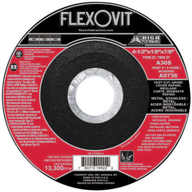 Flexovit® 6" X 1/8" X 5/8" - 11 HIGH PERFORMANCE™ 30 Grit Aluminum Oxide Grain Reinforced Type 27 Spin-On Depressed Center Combination Wheel