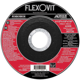Flexovit® 7" X 1/4" X 5/8" - 11 HIGH PERFORMANCE™ 30 Grit Aluminum Oxide Grain Reinforced Type 27 Spin-On Depressed Center Grinding Wheel