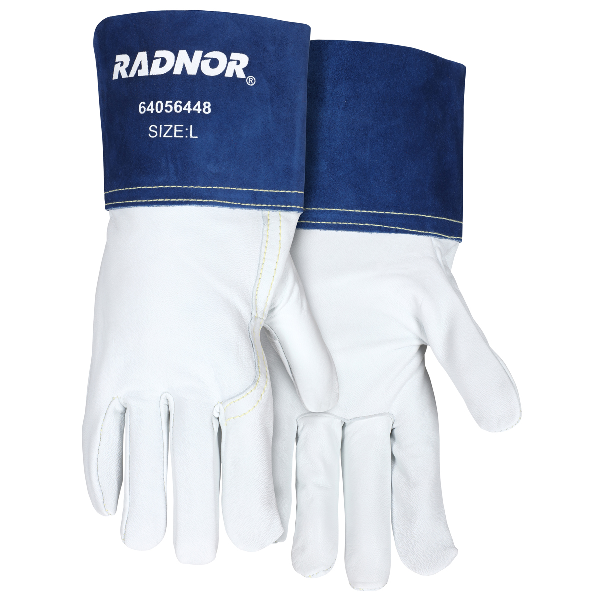 Airgas - RAD64056448 - RADNOR™ Large 12 1/4" White Blue Premium Grain Goatskin Unlined MIG/TIG Welders Gloves 4" Split Cowhide Gauntlet Cuff