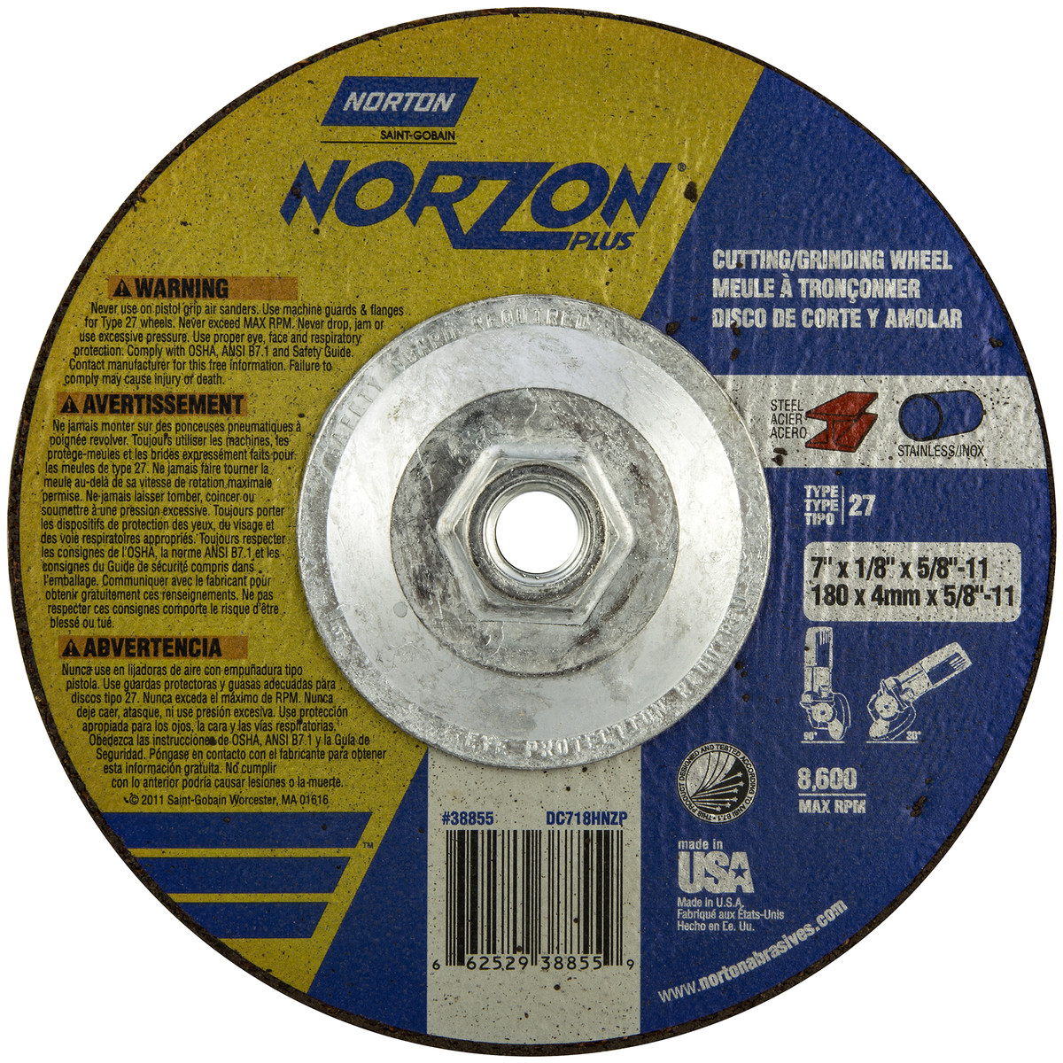 Airgas Nor Norton 7 X 1 8 X 5 8 11 Norzon Plus Extra Coarse Grit Ceramic Alumina Type 27 Depressed Center Combination Wheel