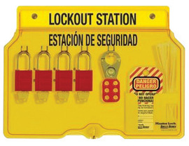 Master Lock® Yellow 16" X 12 1/4" X 1 3/4" Resilient Polycarbonate Padlock Station Includes (4) Keyed Different Padlocks, (2) 420 Hasps And (1) Tag (Keyed Differently)