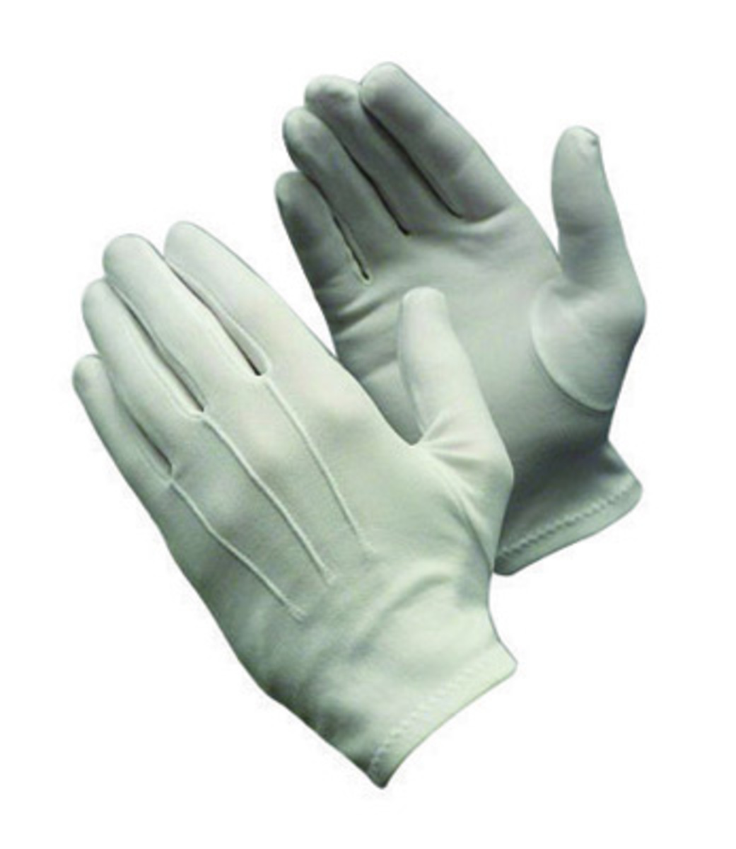 size 8 Medium White polyester nylon gloves with OPEN cuffs for fine handling 