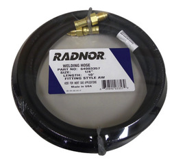 RADNOR black synthetic welding hose on white background.