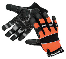 RADNOR™ X-Large Black And Hi-Viz Orange Leather And Spandex® Full Finger Mechanics Gloves With Hook And Loop Cuff