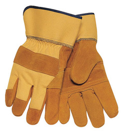 Tillman® Large Bourbon Brown And Yellow Side Split Cowhide Palm Gloves With Canvas Back, Rubberized Safety Cuff, Knuckle Strap And Cotton Lined 3-Piece Palm (Bulk)