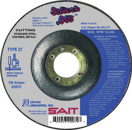 United Abrasives/SAIT 4 1/2" X .045" X 7/8" Saitech™ Ceramic Aluminum Oxide Type 27 Cut Off Wheel
