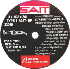 United Abrasives/SAIT 4" X .035" X 3/8"  36 Grit Aluminum Oxide Type 1 Cut Off Wheel