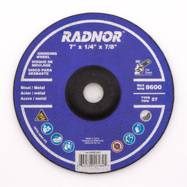 RADNOR™ 7" Dia X 1/4" Thickness X 7/8" Arbor Ceramic Alumina Type 27 Depressed Center Grinding Wheel