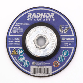 RADNOR™ 4 1/2" Dia X 1/8" Thickness X 5/8 - 11" Arbor Ceramic Alumina Type 27 Depressed Center Grinding And Cut Off Wheel