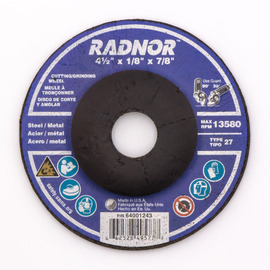 RADNOR™ 4 1/2" Dia X 1/8" Thickness X 7/8" Arbor Ceramic Alumina Type 27 Depressed Center Grinding And Cut Off Wheel