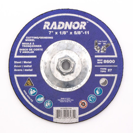 RADNOR™ 7" Dia X 1/8" Thickness X 5/8 - 11" Arbor Ceramic Alumina Type 27 Depressed Center Grinding And Cut Off Wheel