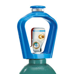 SMARTOP cylinder valve with a permanent cap, content gauge and on/off lever on white background with light teal border.