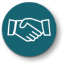 Illustrated icon of hands shaking; white against teal.